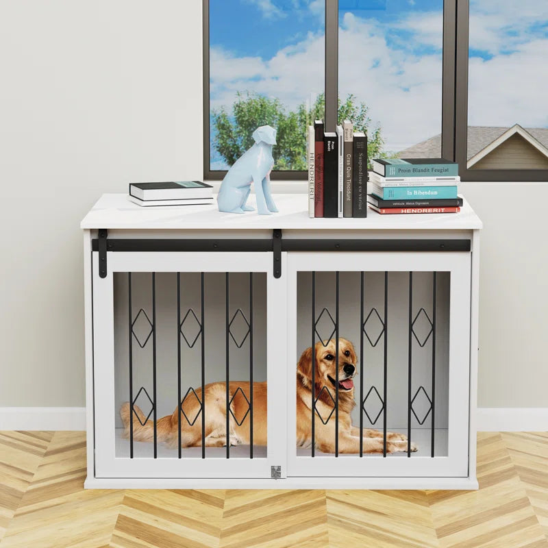 Large Dog Crate Furniture W/Sliding Barn Door, Wooden Indoor Dog Kennel W/Flip-Top, 39.4'' Heavy Duty Modern Puppy Dog Cage End Table W/Detachable Divider for Small/Medium Pets, Greige