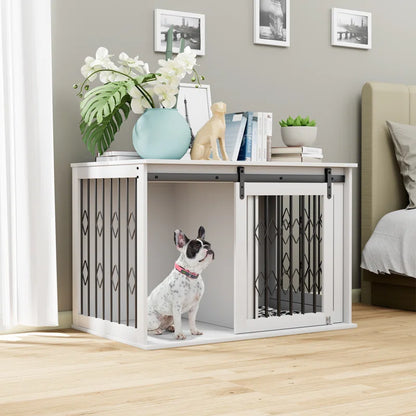 Large Dog Crate Furniture W/Sliding Barn Door, Wooden Indoor Dog Kennel W/Flip-Top, 39.4'' Heavy Duty Modern Puppy Dog Cage End Table W/Detachable Divider for Small/Medium Pets, Greige