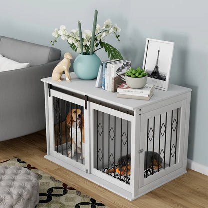 Large Dog Crate Furniture W/Sliding Barn Door, Wooden Indoor Dog Kennel W/Flip-Top, 39.4'' Heavy Duty Modern Puppy Dog Cage End Table W/Detachable Divider for Small/Medium Pets, Greige