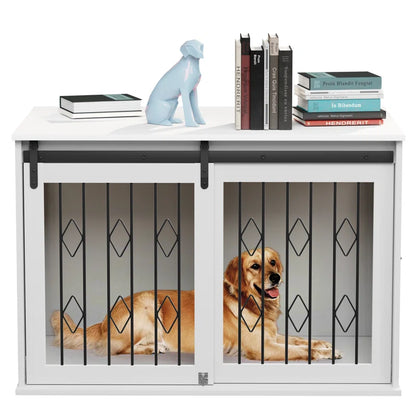 Large Dog Crate Furniture W/Sliding Barn Door, Wooden Indoor Dog Kennel W/Flip-Top, 39.4'' Heavy Duty Modern Puppy Dog Cage End Table W/Detachable Divider for Small/Medium Pets, Greige