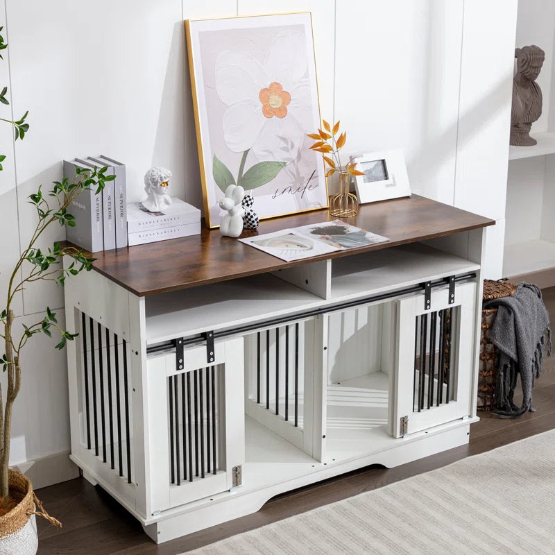  55" Wooden Dog Furniture End Table with Large Drawers -2-In-1 Furniture Style Dog Crate