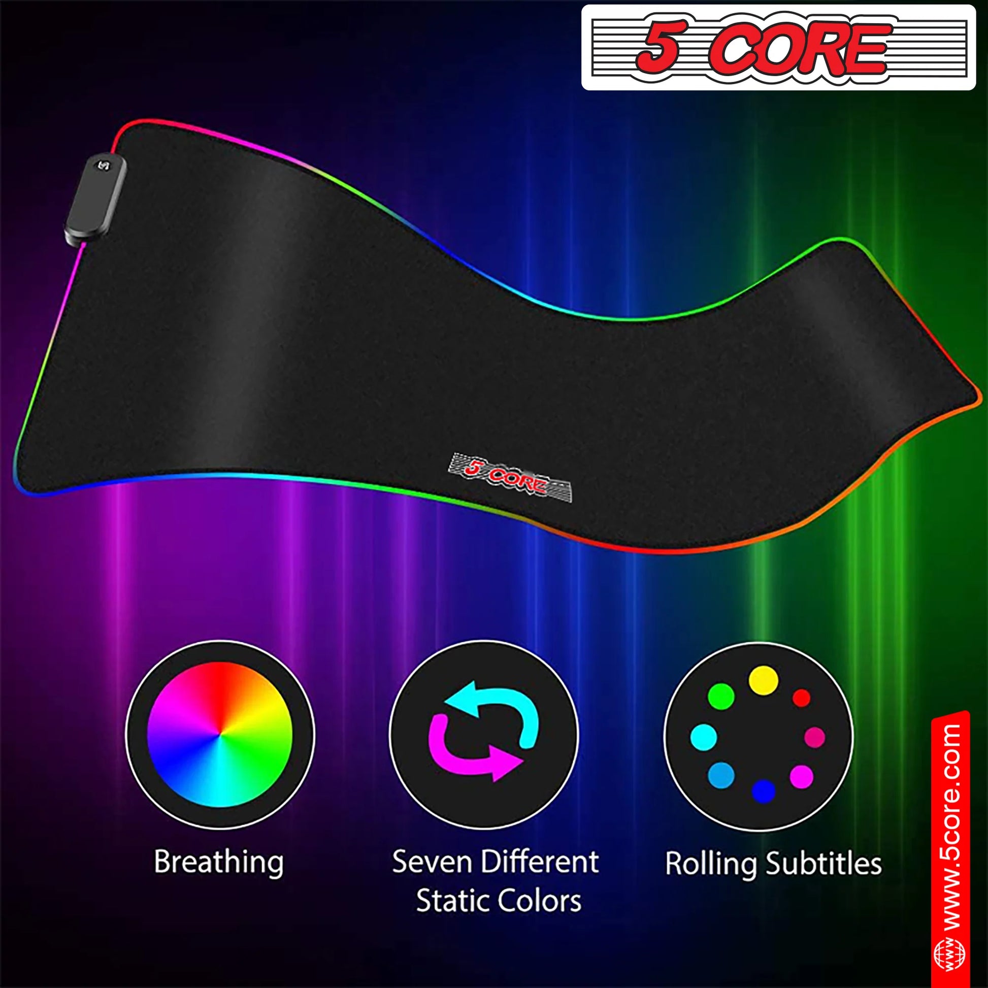 5 Core RGB Mouse Pad • 12 Light Modes High-Performance Soft Padded Large Gaming Keyboard Mouse Mat