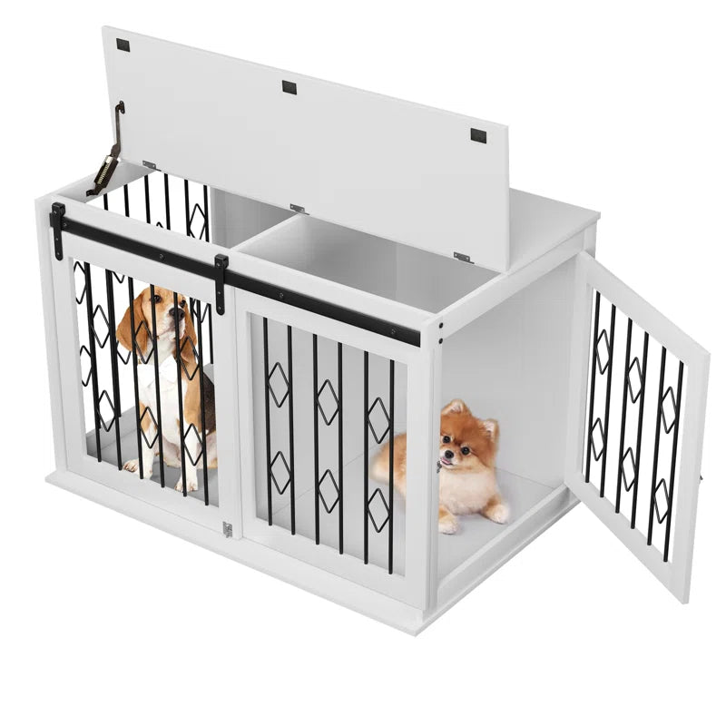 Large Dog Crate Furniture W/Sliding Barn Door, Wooden Indoor Dog Kennel W/Flip-Top, 39.4'' Heavy Duty Modern Puppy Dog Cage End Table W/Detachable Divider for Small/Medium Pets, Greige