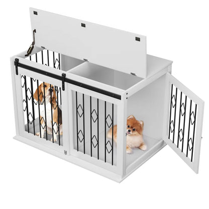 Large Dog Crate Furniture W/Sliding Barn Door, Wooden Indoor Dog Kennel W/Flip-Top, 39.4'' Heavy Duty Modern Puppy Dog Cage End Table W/Detachable Divider for Small/Medium Pets, Greige