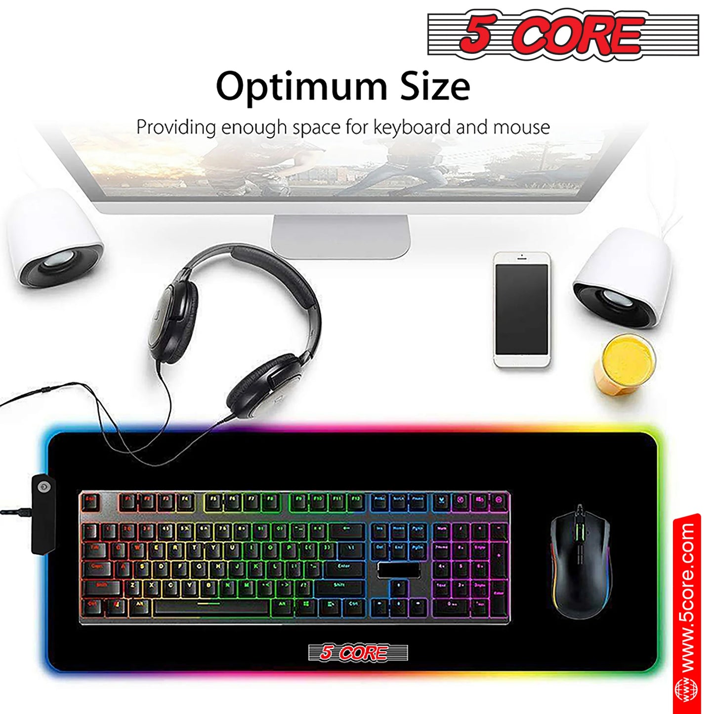 5 Core RGB Mouse Pad • 12 Light Modes High-Performance Soft Padded Large Gaming Keyboard Mouse Mat