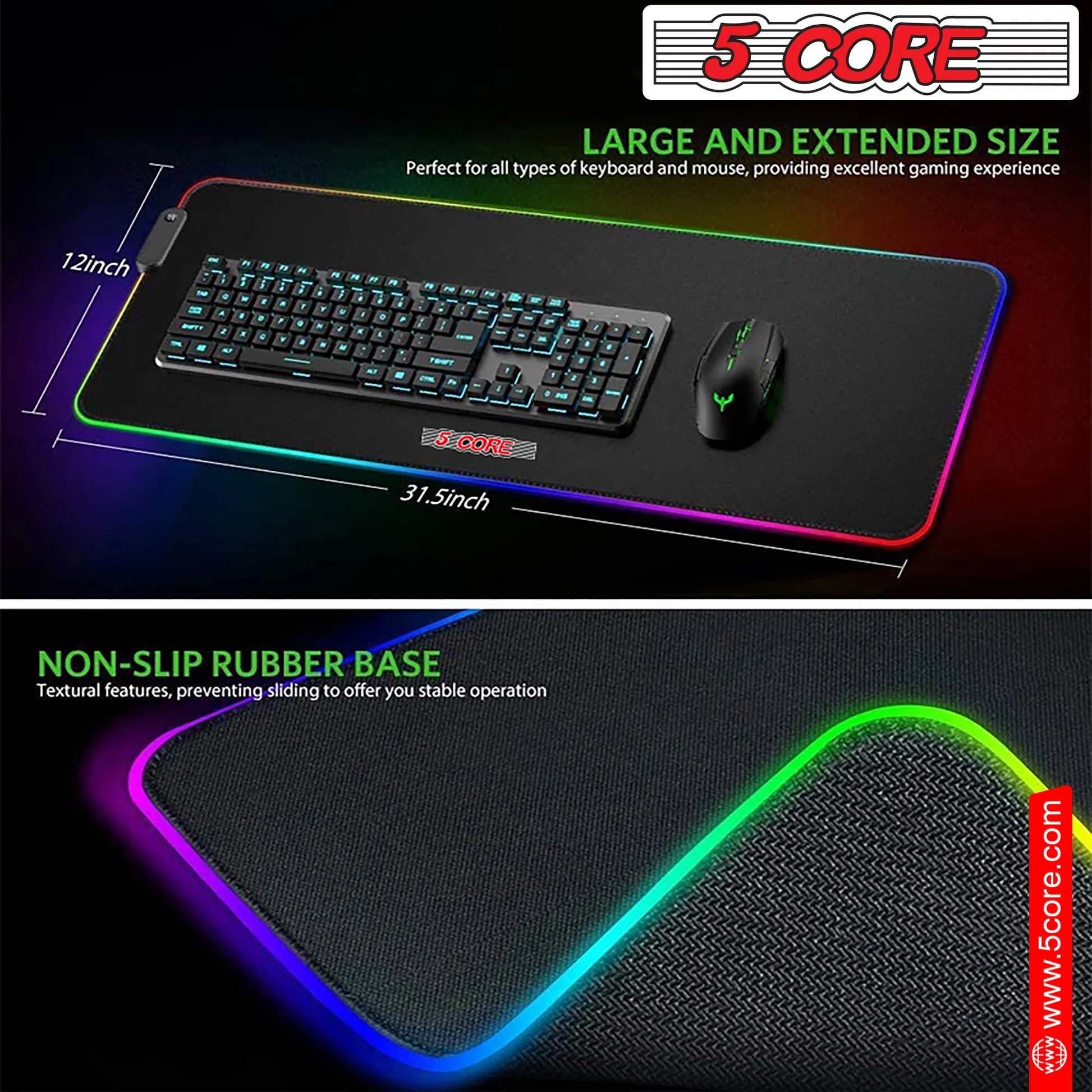 5 Core RGB Mouse Pad • 12 Light Modes High-Performance Soft Padded Large Gaming Keyboard Mouse Mat