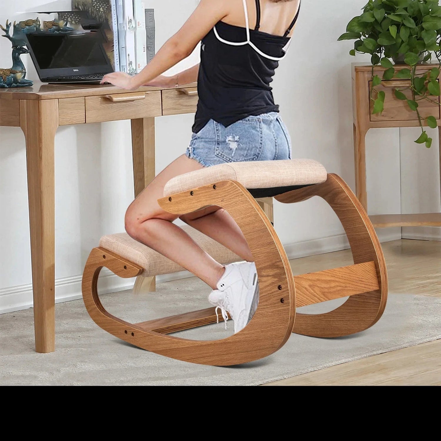 VEVOR Ergonomic Rocking Wooden Kneeling Chair Stool Correct Posture Computer Chair Original Home Office Furniture Thick Cushion