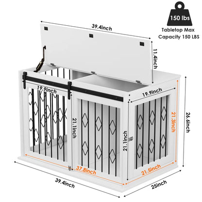 Large Dog Crate Furniture W/Sliding Barn Door, Wooden Indoor Dog Kennel W/Flip-Top, 39.4'' Heavy Duty Modern Puppy Dog Cage End Table W/Detachable Divider for Small/Medium Pets, Greige