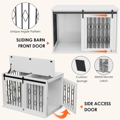 Large Dog Crate Furniture W/Sliding Barn Door, Wooden Indoor Dog Kennel W/Flip-Top, 39.4'' Heavy Duty Modern Puppy Dog Cage End Table W/Detachable Divider for Small/Medium Pets, Greige