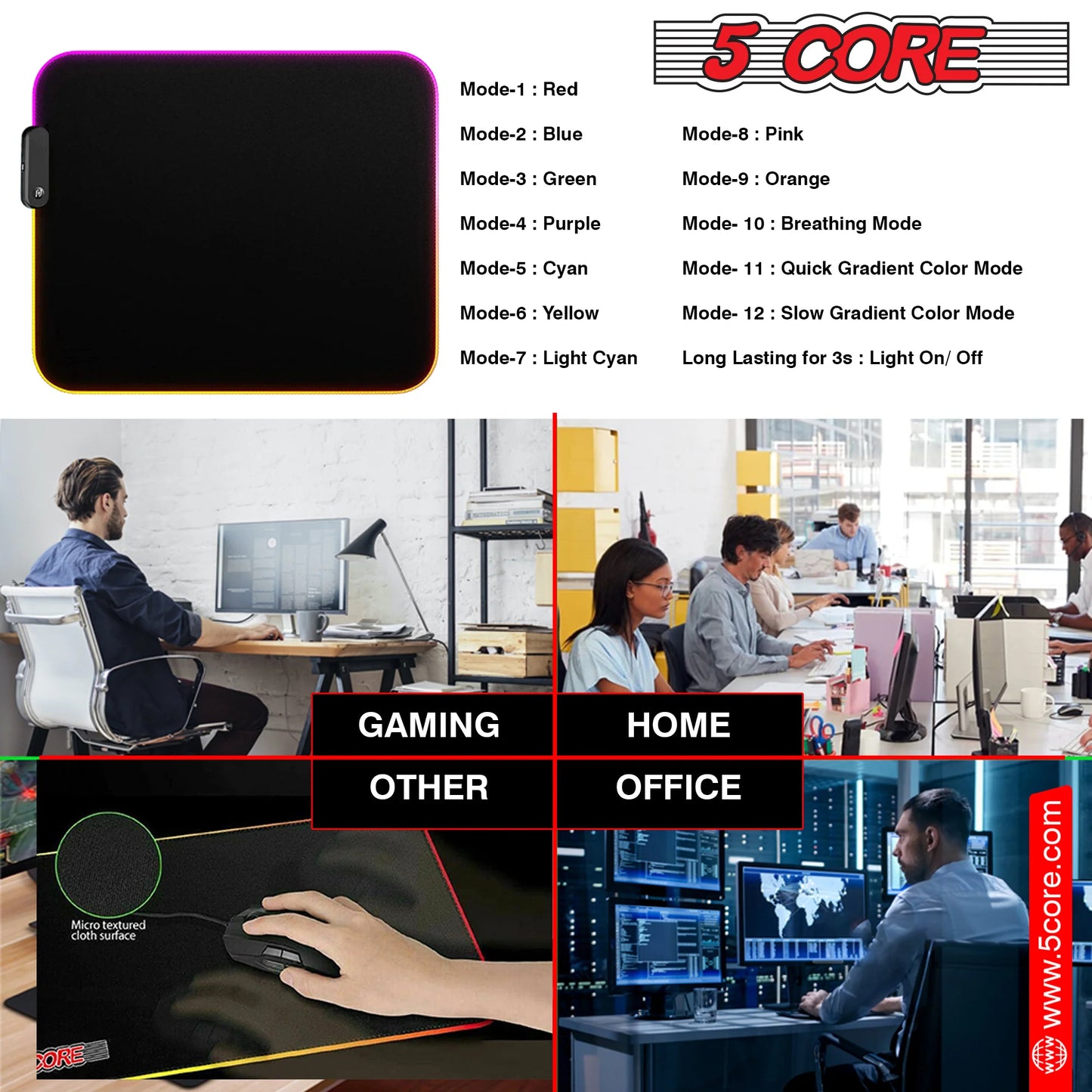 5 Core RGB Mouse Pad • 12 Light Modes High-Performance Soft Padded Large Gaming Keyboard Mouse Mat