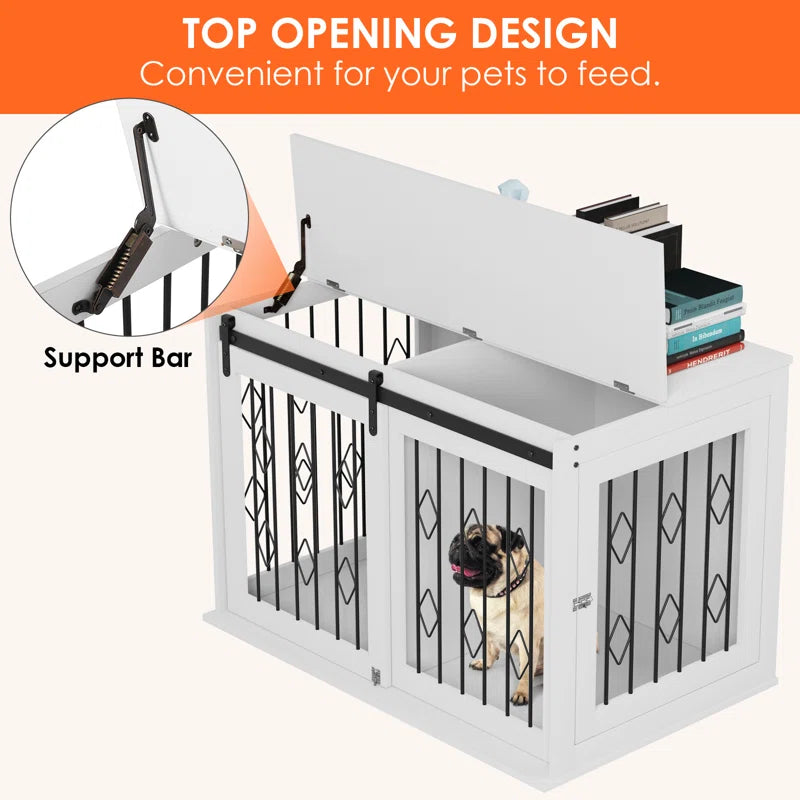 Large Dog Crate Furniture W/Sliding Barn Door, Wooden Indoor Dog Kennel W/Flip-Top, 39.4'' Heavy Duty Modern Puppy Dog Cage End Table W/Detachable Divider for Small/Medium Pets, Greige