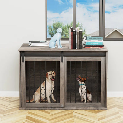 Large Dog Crate Furniture W/Sliding Barn Door, Wooden Indoor Dog Kennel W/Flip-Top, 39.4'' Heavy Duty Modern Puppy Dog Cage End Table W/Detachable Divider for Small/Medium Pets, Greige